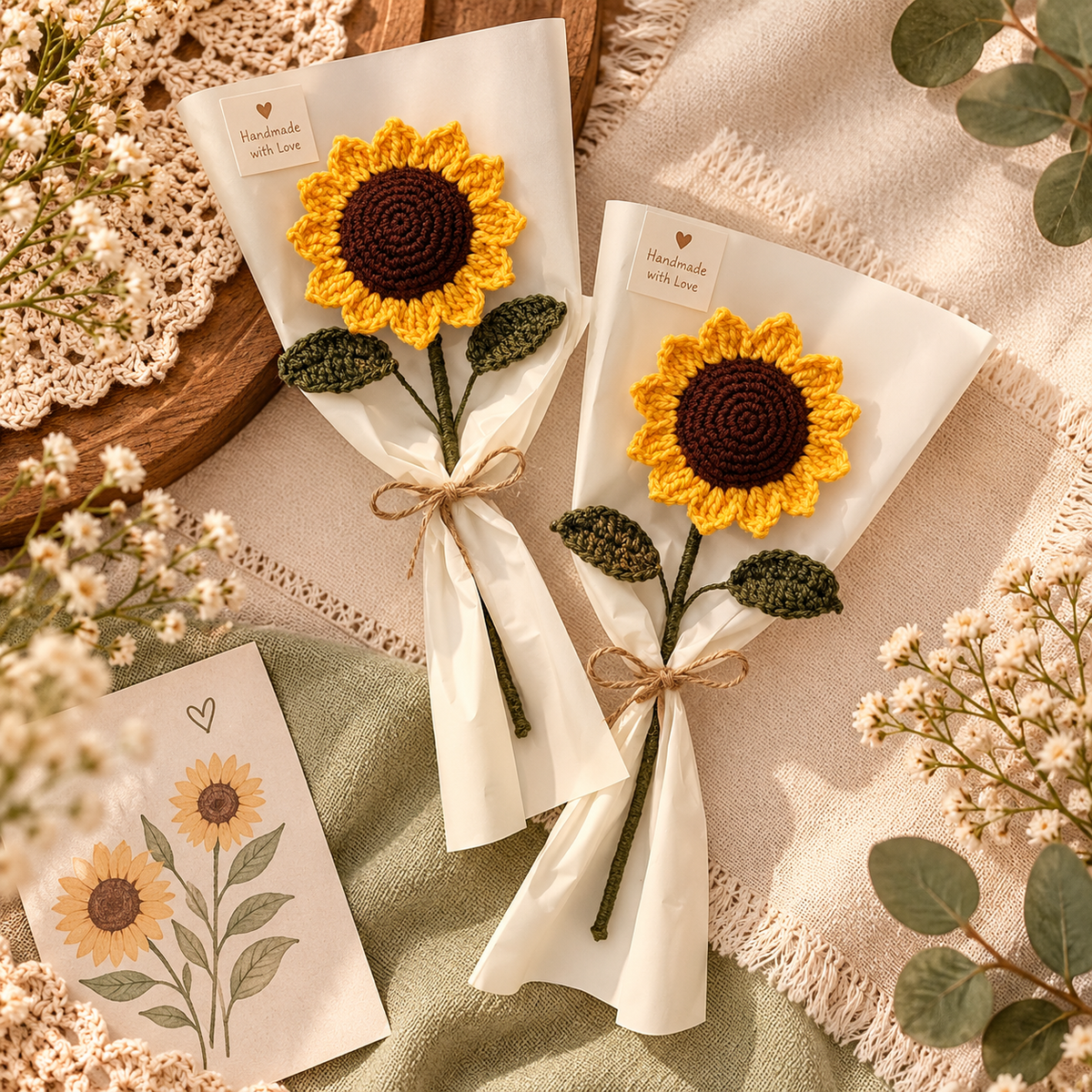 Handmade Crochet Sunflower Bouquet – Knitted Flower Gift, Yellow Sunflower Decor & Unique Handmade Present