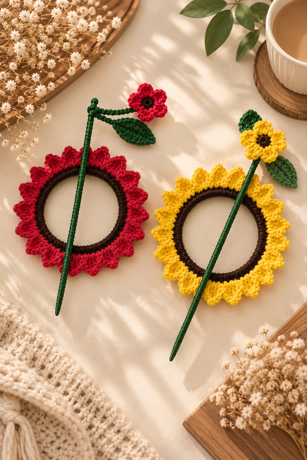 Handmade red and yellow crochet flower hair ties with green stems and brown centers displayed on a soft cream aesthetic background.