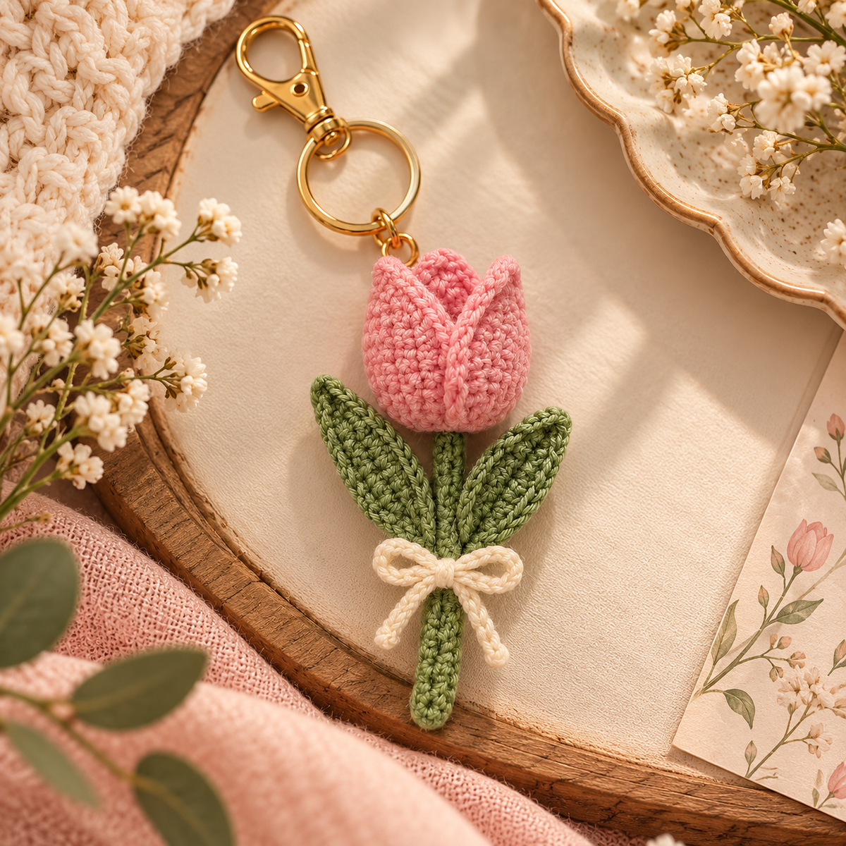 Handmade Crochet Tulip Keychain – Pink Flower Bag Charm, Cute Floral Keyring & Handmade Gift