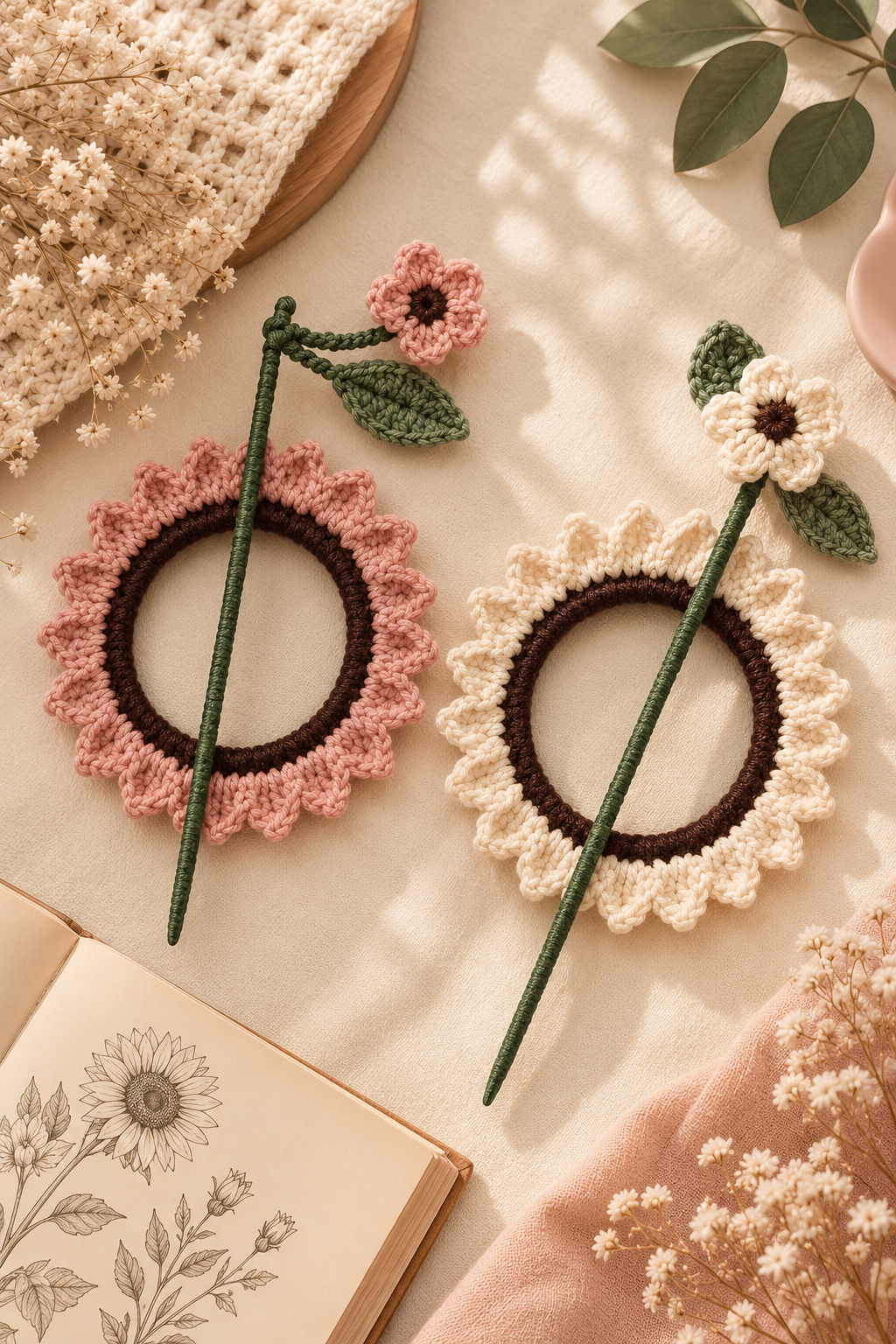 Handmade red and yellow crochet flower hair ties with green stems and brown centers displayed on a soft cream aesthetic background.